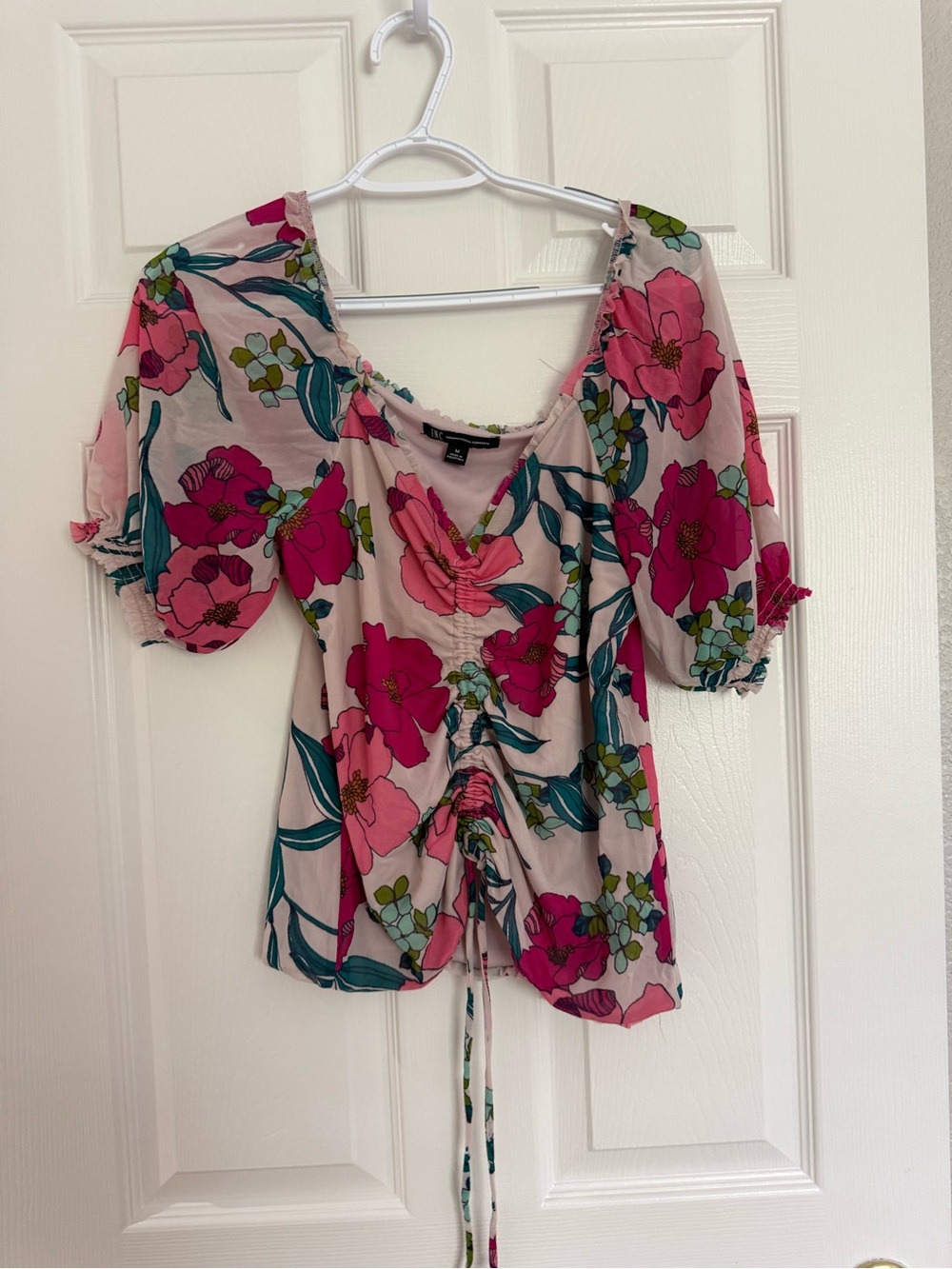 INC International Concepts Pink Floral Ruched Peasant Blouse